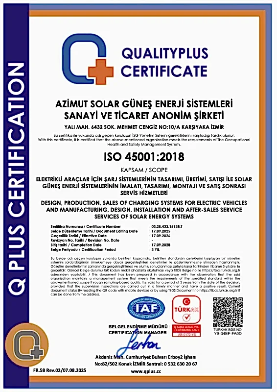 ISO 45001 İş Sağlığı ve Güvenliği Yönetim Sistemi Sertifikası — Azimut Solar Enerji