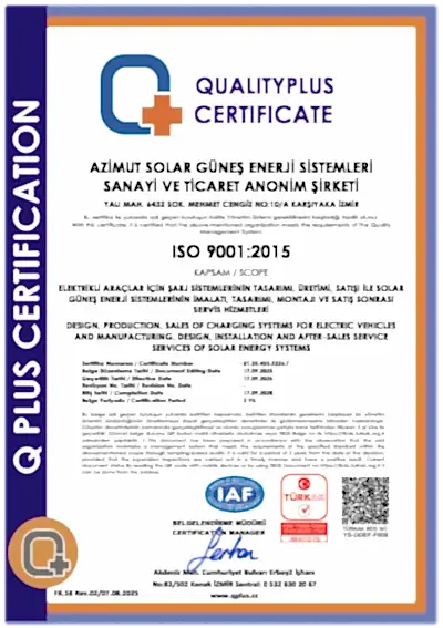 ISO 9001 Kalite Yönetim Sistemi Sertifikası — Azimut Solar Enerji