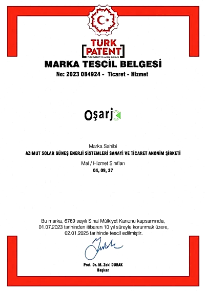 OŞARJ Marka Tescil Belgesi — Türk Patent