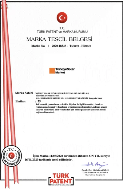 Türkiye Solar Market Marka Tescil Belgesi — Türk Patent